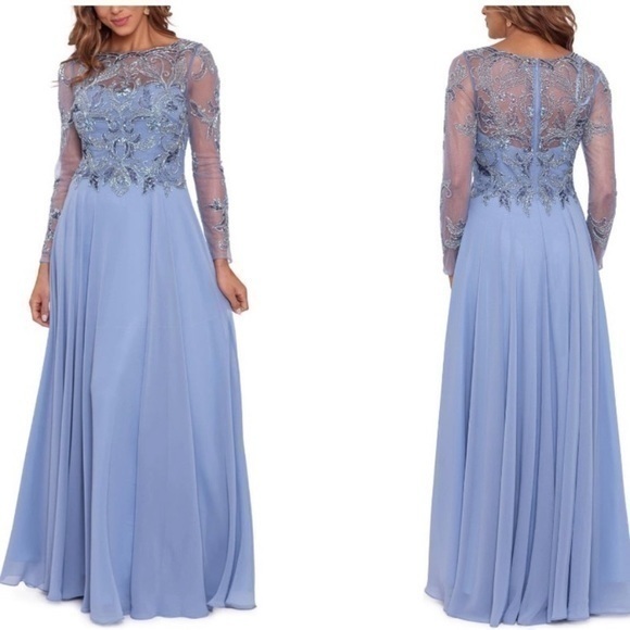 Xscape Dresses & Skirts - XSCAPE Petite Sequin Embellished Long Sleeve BoatNeck Chiffon Gown in Dusty Blue